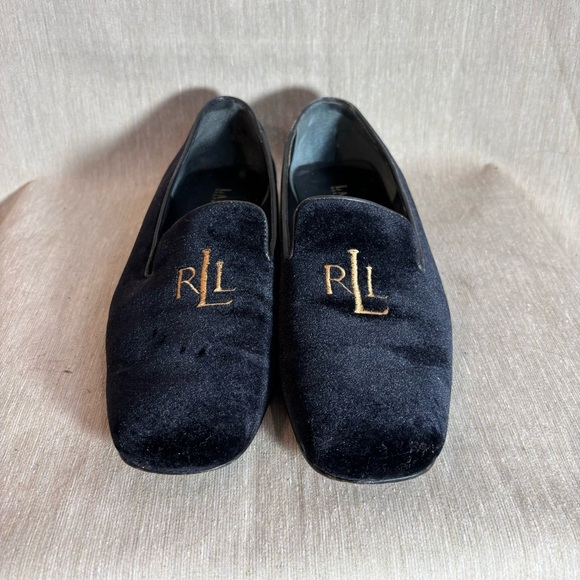 LAUREN RALPH LAUREN Sz 10 Black Velvet Squarish Toe Gold Embroidered Loafers - Picture 2 of 9